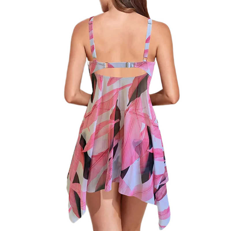 Pink Digital Print Pleated Swimdress Tankini Set TQV610002-10