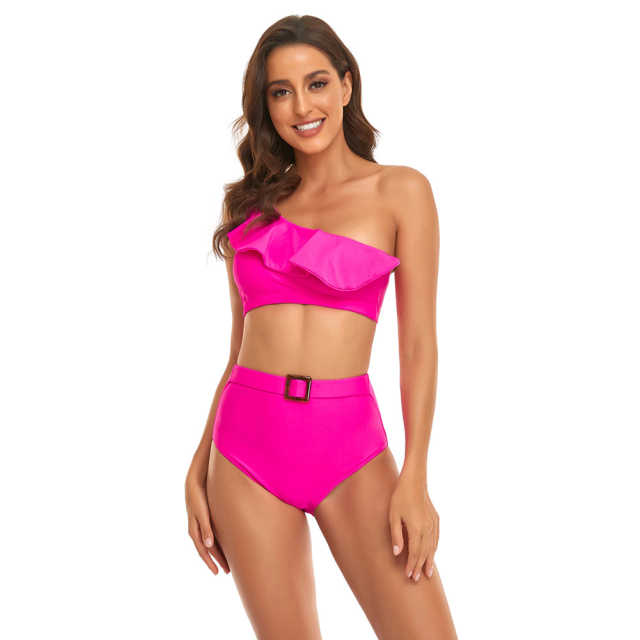Rosy One Shoulder Ruffle Bikini Swimwear TQK610299-6