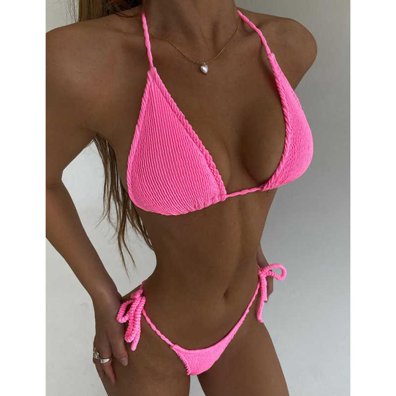 Pink Solid Triangle Bikini Set TQK610265-10