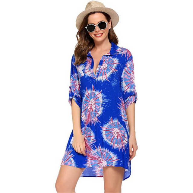 Blue Print Shirt Style Beach Cover Dress TQK650072-5