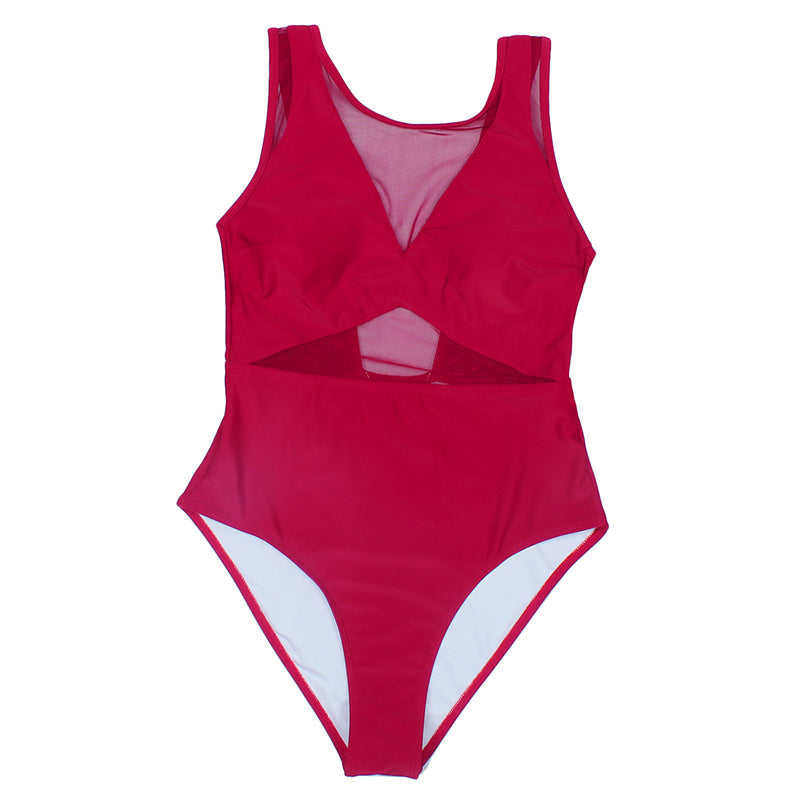 Wine Red Mesh Open Back One Piece Swimsuit TQK620058103