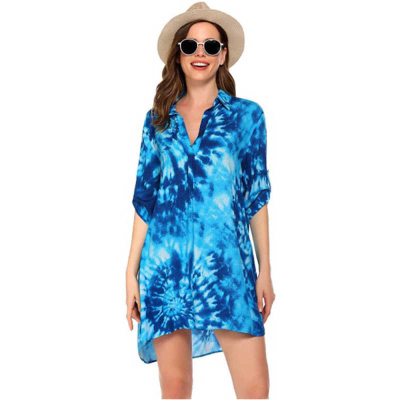 Aquamarine Print Shirt Style Beach Cover Dress TQK650072-45