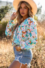 Sky Blue Floral Print Wrap Long Sleeve Bodysuit LC6421132-4