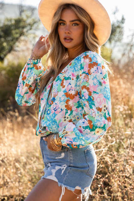 Sky Blue Floral Print Wrap Long Sleeve Bodysuit LC6421132-4