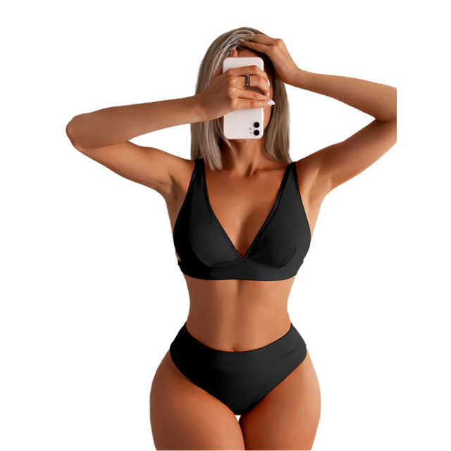 Black Solid V Neckline 2 Piece Bikini Set TQK610269-2