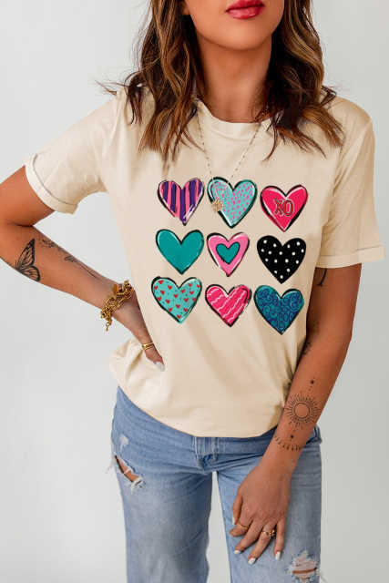 Khaki Valentines Multi Pattern Heart Print T Shirt LC25219586-16