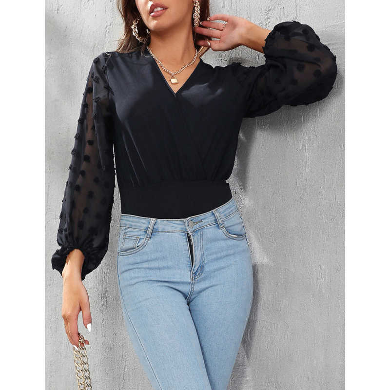 Black V Neck Splicing Swiss Dot Mesh Long Sleeve Bodysuit TQV220115-2