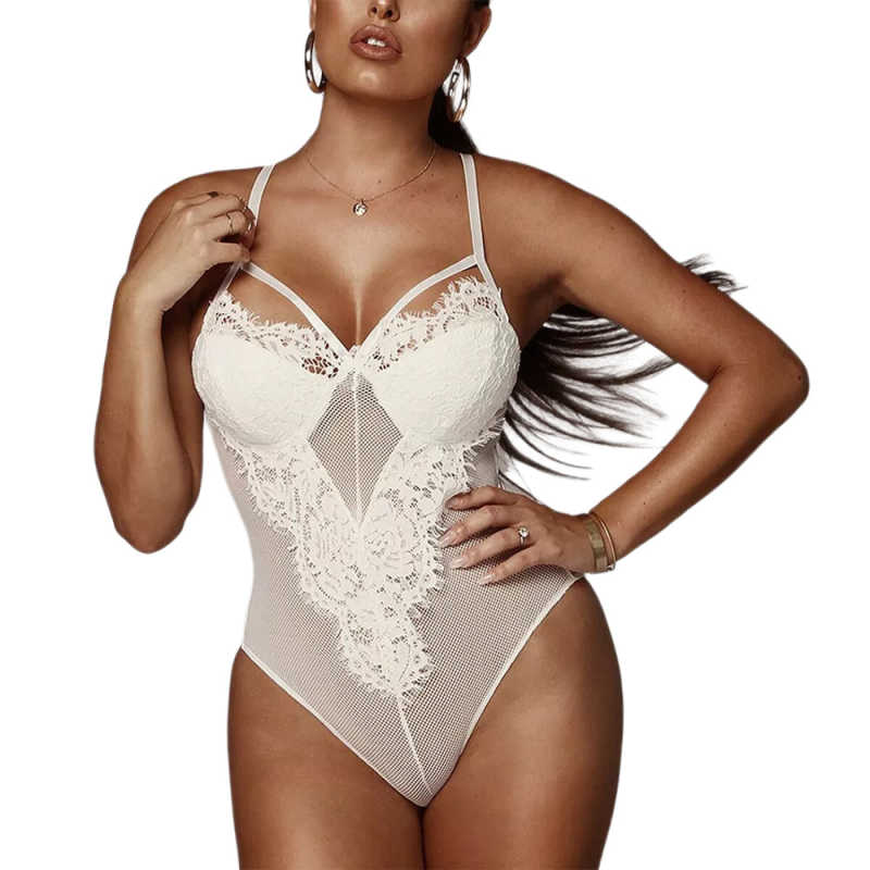 White Mesh Splicing Lace Bodysuit TQK550277-1
