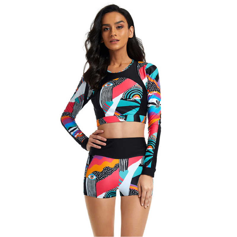 Red Printed Surfing Long Sleeve 2pcs Swimsuit TQK610244-3