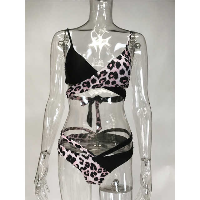Leopard Printed Splice Black Cut-out Bikini Set TQK610259-20