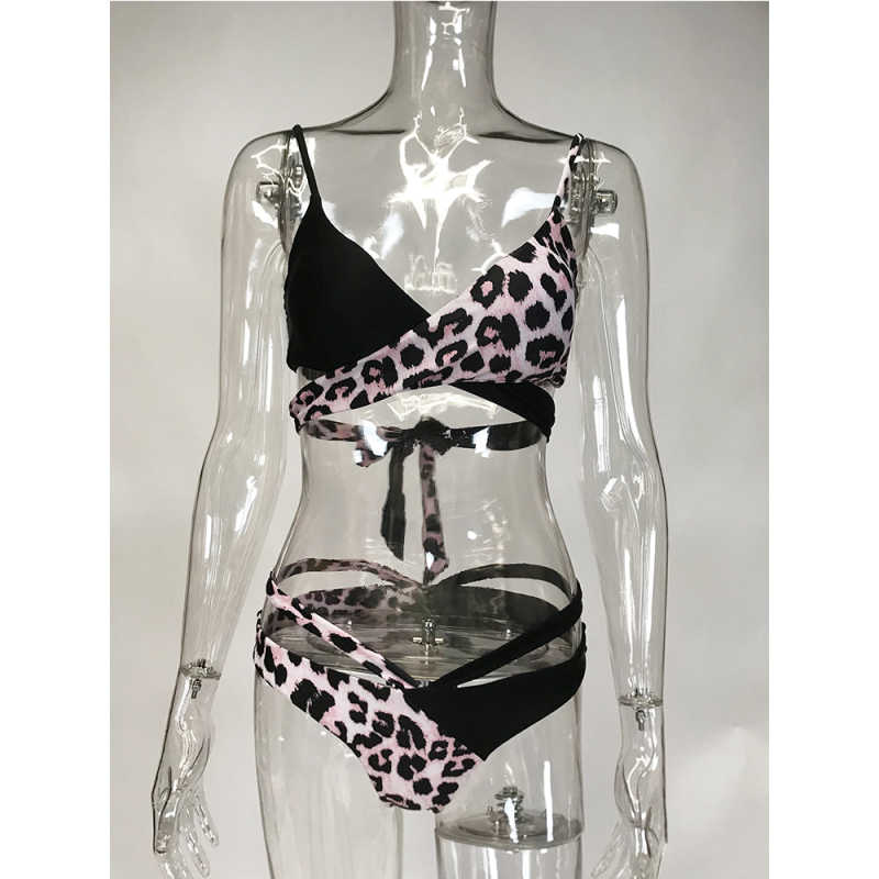 Leopard Printed Splice Black Cut-out Bikini Set TQK610259-20