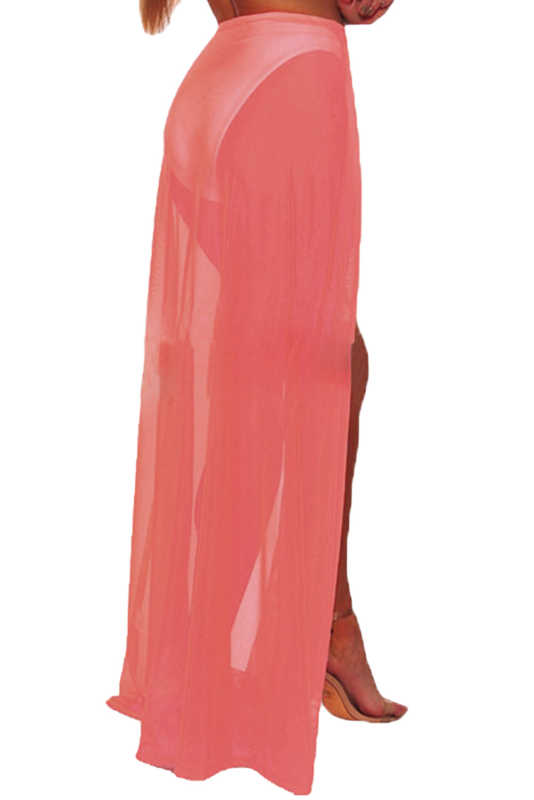 Neon Pink Mesh Slit Cover Up Belted Maxi Skirt