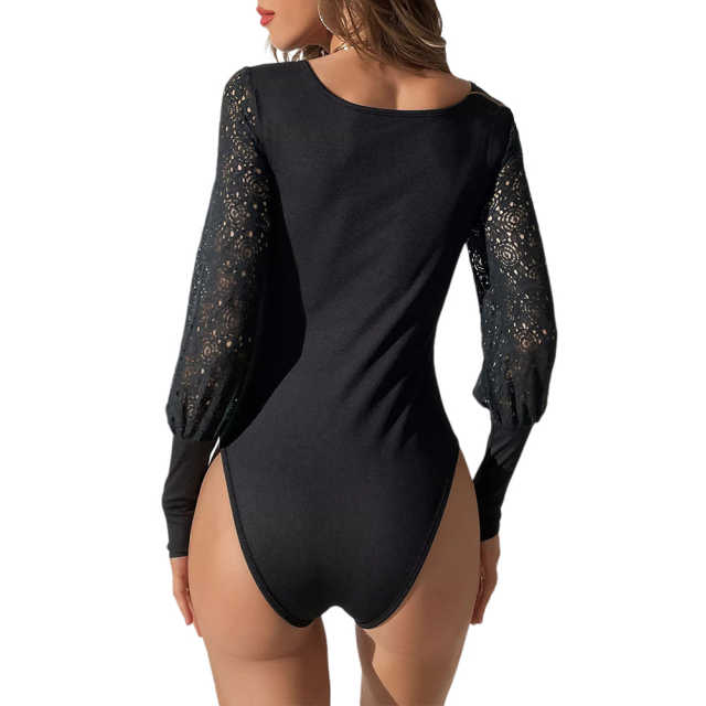 Black Spliced Lace Long Sleeve Bodysuit TQV220114-2