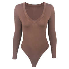 Coffee V Neckline Long Sleeve Bodysuit TQK550263-15