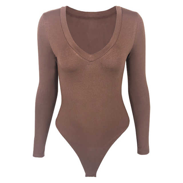Coffee V Neckline Long Sleeve Bodysuit TQK550263-15