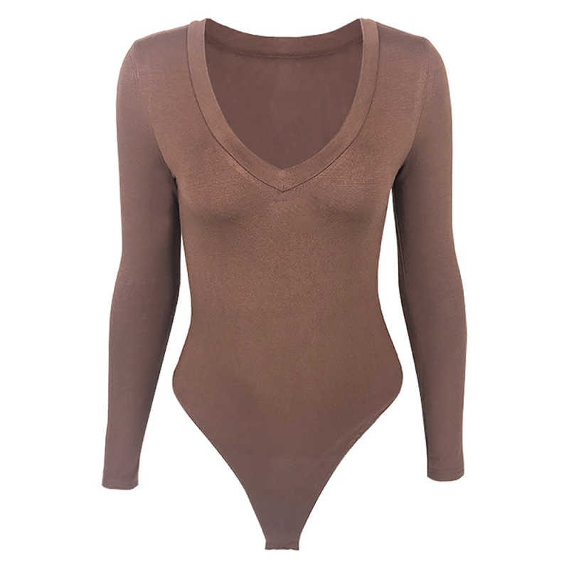 Coffee V Neckline Long Sleeve Bodysuit TQK550263-15