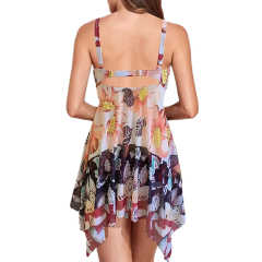 Orange Digital Print Pleated Swimdress Tankini Set TQV610002-14