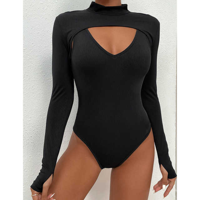 Black Mock Neck Cut-out Ribbed Long Sleeve Bodysuit TQV220133-2