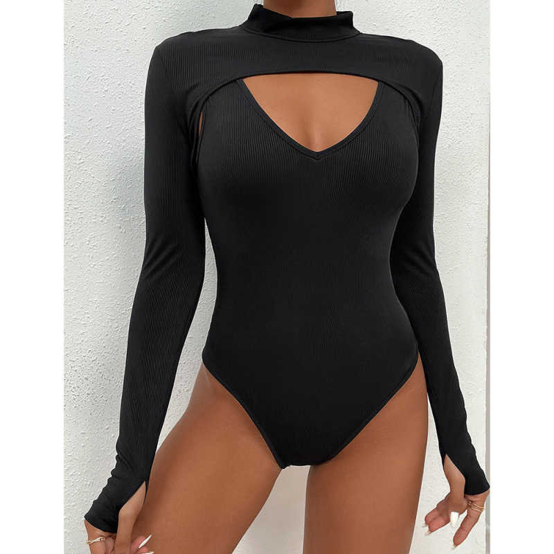 Black Mock Neck Cut-out Ribbed Long Sleeve Bodysuit TQV220133-2