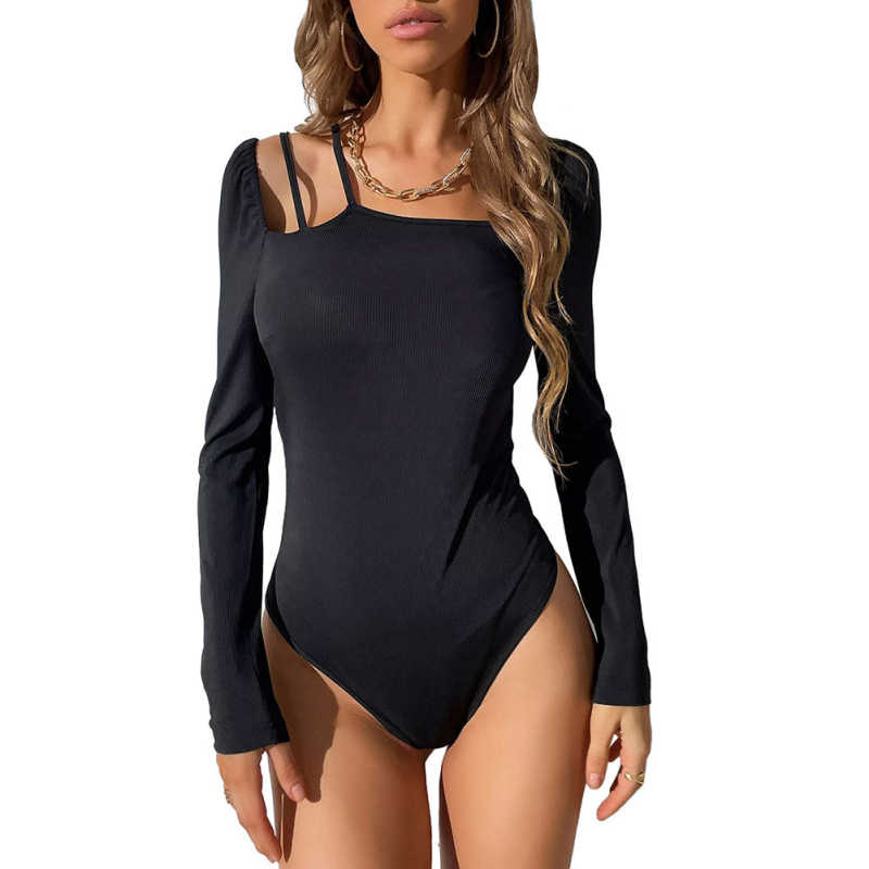 Black Rib Asymetrical Slim Fit Long Sleeve Bodysuit TQV220135-2