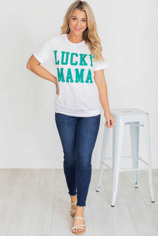 White LUCKY MAMA Letters Print Tee LC25219698-1