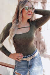 Olive Strappy Hollow-out Scoop Neck Long Sleeve Leopard Bodysuit LC6421125-9