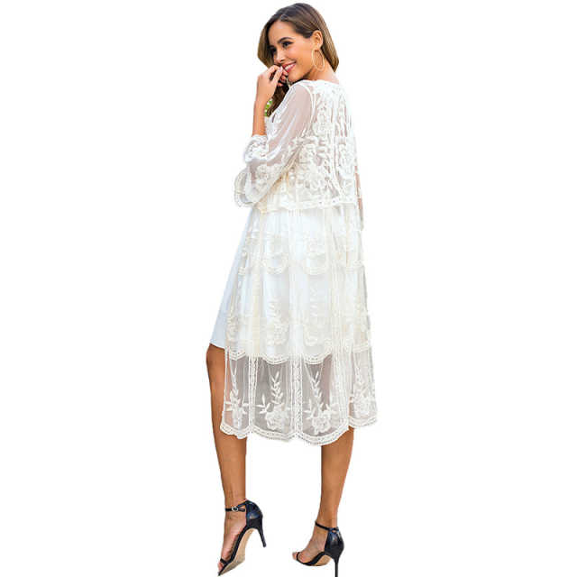 Apricot Floral Print Mesh Embroidery Cover up TQK650036-18