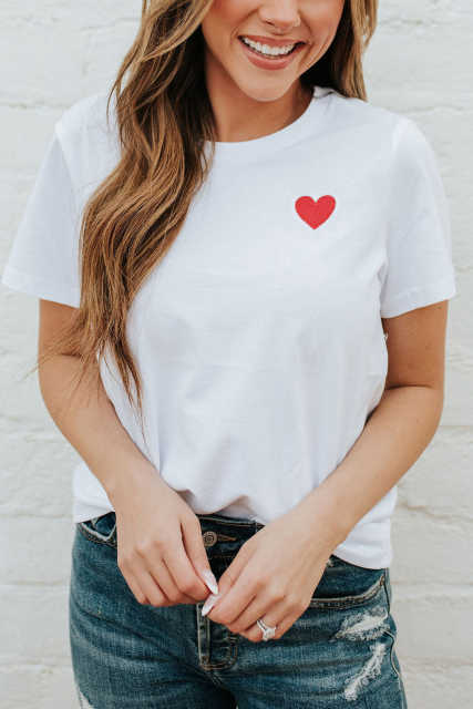 White Valentines Heart Pattern Embroidery T Shirt LC25219543-1
