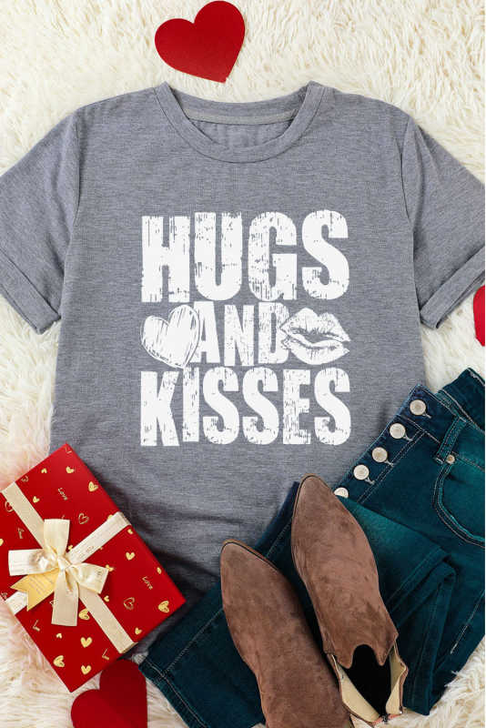 Gray HUGS AND KISSES Valentines Graphic Print Tee LC25219491-11
