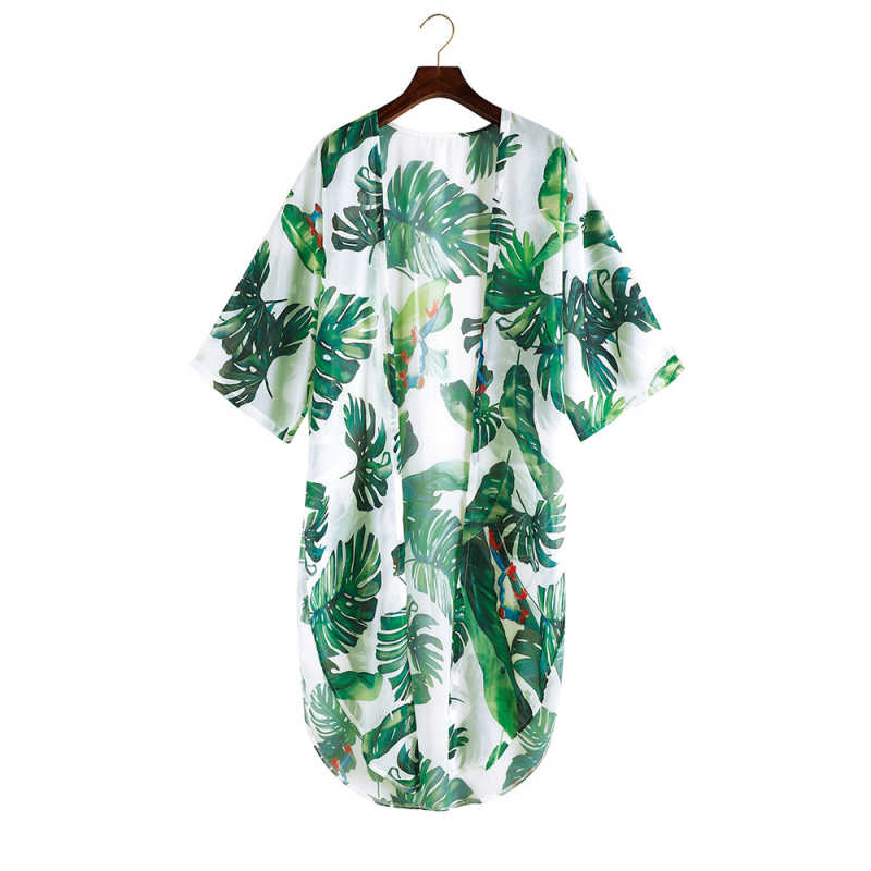 Green Leaf Print Chiffon Kimono Beach Cover Up TQK650082-9