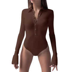 Coffee Button Lapel Collar Long Sleeve Bodysuit TQV220148-15