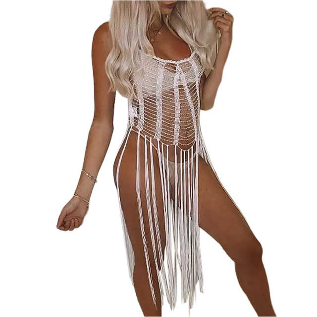 White Handmade Crochet See Through Tassel Beachwear TQK310950-1