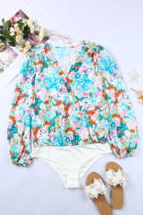 Sky Blue Floral Print Wrap Long Sleeve Bodysuit LC6421132-4