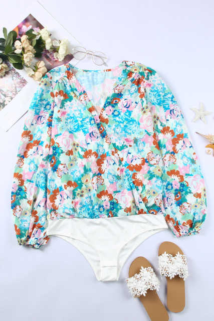 Sky Blue Floral Print Wrap Long Sleeve Bodysuit LC6421132-4
