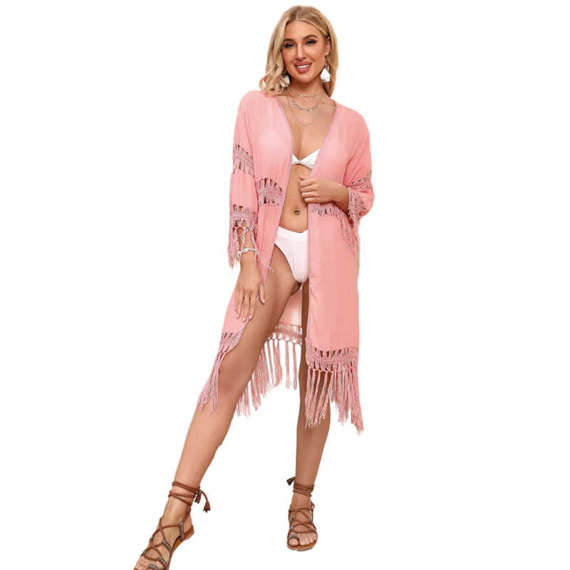 Pink Solid Crochet Splice Tassel Kimono Beach Cover TQK650118-10