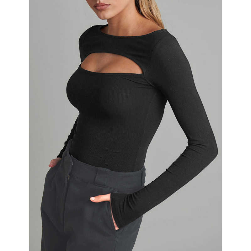 Black Ribbed Cut-out Long Sleeve Bodysuit TQV220110-2
