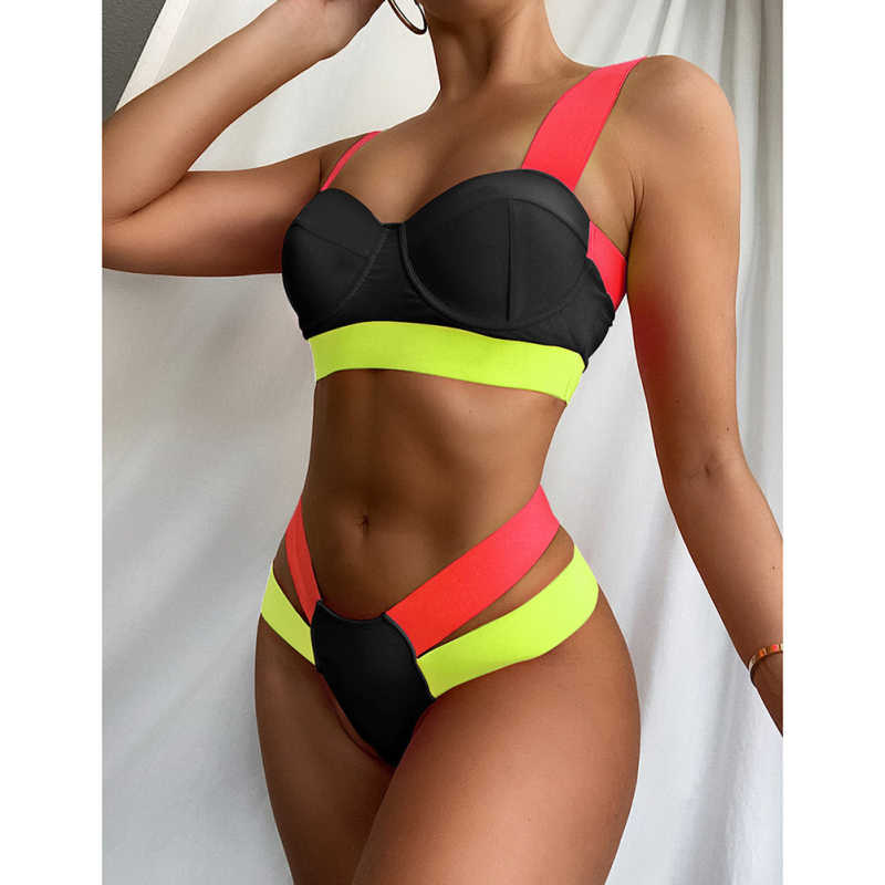 Black Contrast Steel Boned Bandage Bikini Set TQF610001-2