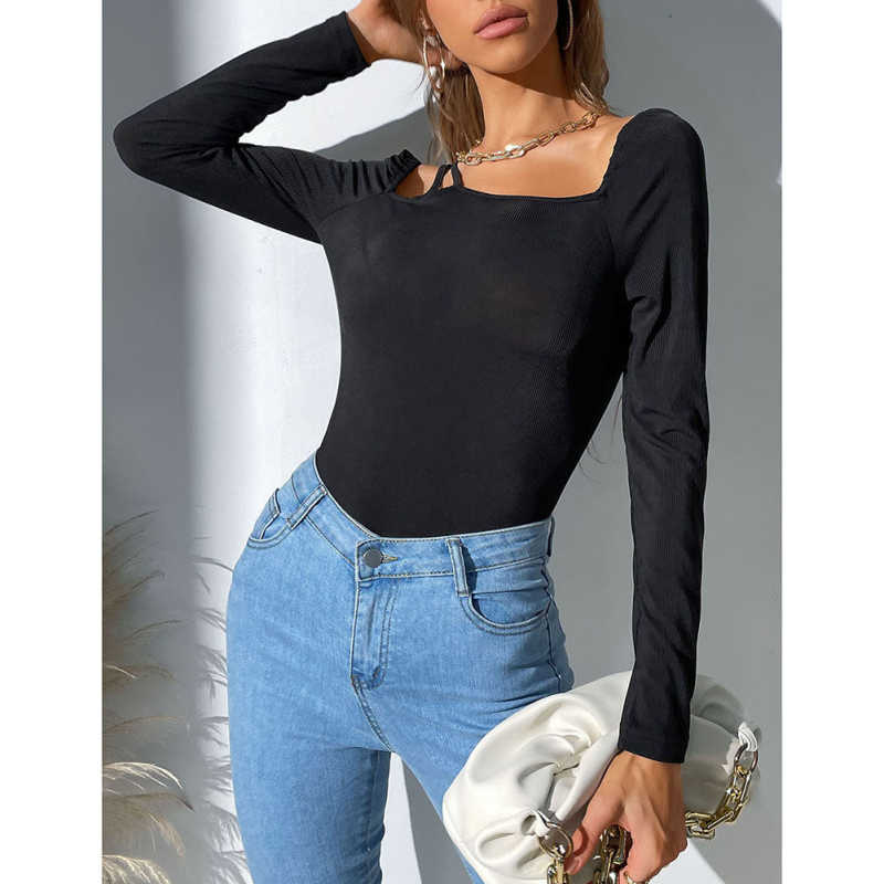 Black Rib Asymetrical Slim Fit Long Sleeve Bodysuit TQV220135-2