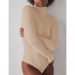 Apricot Ribbed High Collar Long Sleeve Bodysuit TQV220125-18