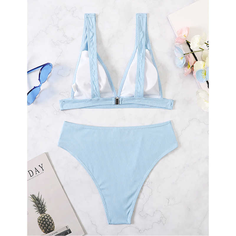 Light Blue Solid V Neckline 2 Piece Bikini Set TQK610269-30