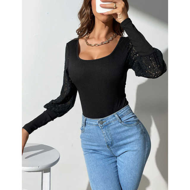 Black Spliced Lace Long Sleeve Bodysuit TQV220114-2
