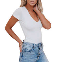 White Deep V Neck Short Sleeve Bodysuit TQK550252-1