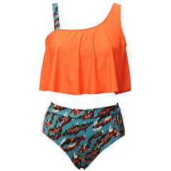 Orange Ruffle Printed Bottom Tankini Swimwear Set TQK610298-14
