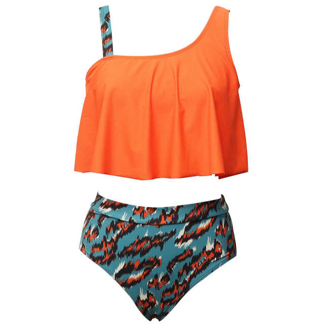 Orange Ruffle Printed Bottom Tankini Swimwear Set TQK610298-14