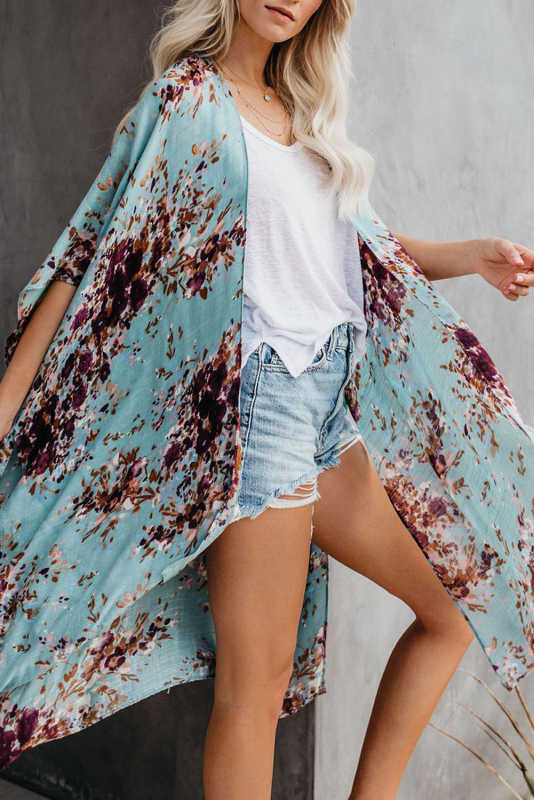 Sky Blue Floral Kimono Sleeves Chiffon Loose Beach Cover Up LC254327-4