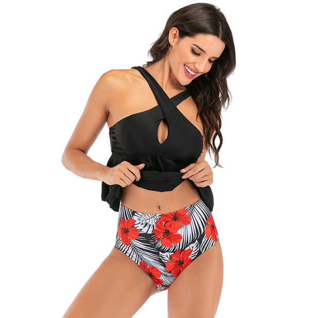 Black Floral Print Bottom Cross Ruffled  Tankini Set TQK610148-2