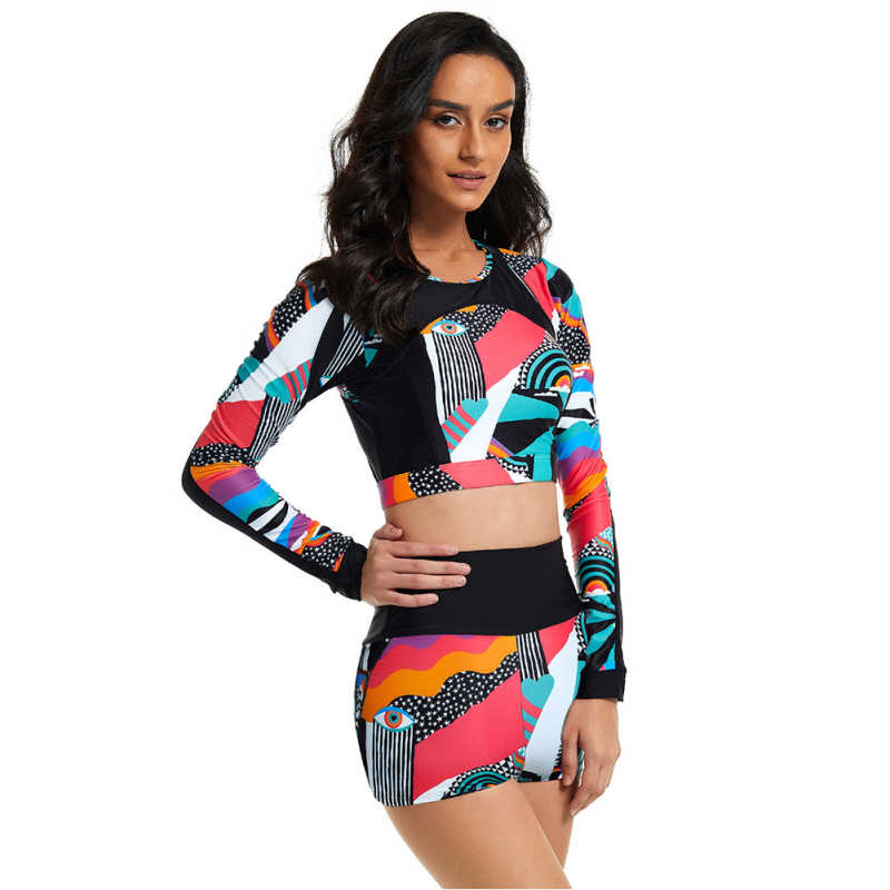 Red Printed Surfing Long Sleeve 2pcs Swimsuit TQK610244-3