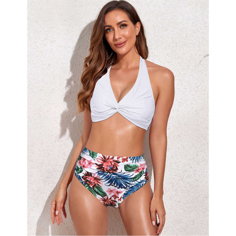 White Front Twist Halter Bikini Swimsuit TQK610321-1