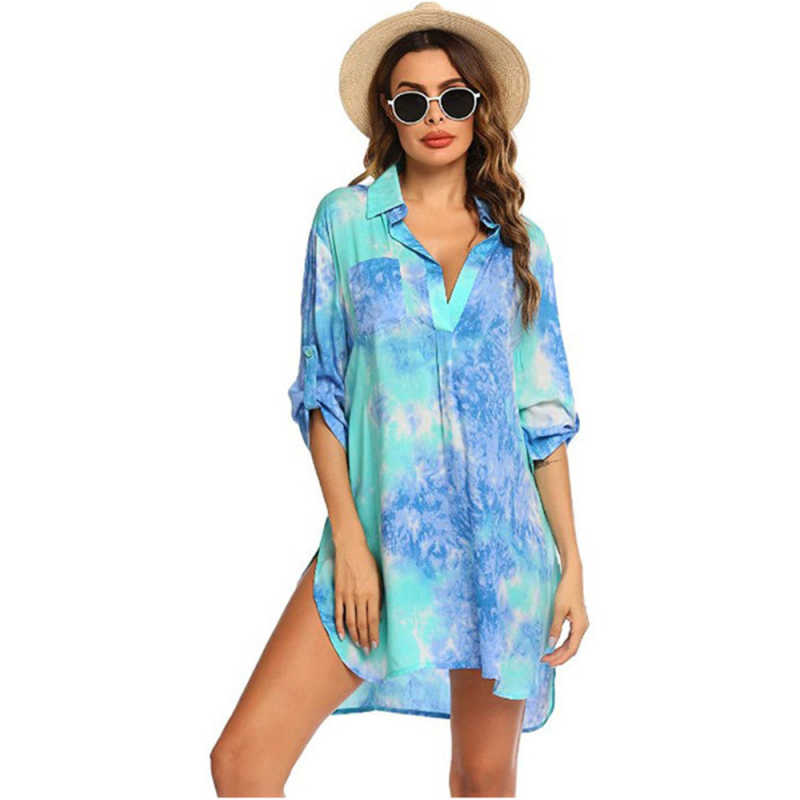 Light Blue Print Shirt Style Beach Cover Dress TQK650072-30