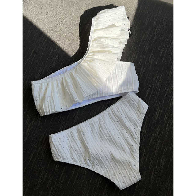 White Ribbed Ruffle One-shoulder  Bikini Set TQX610025-1